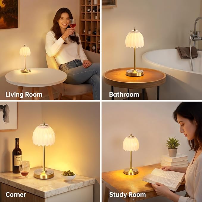 Tulip Table Lamp with 5000mAh Battery & Touch Control, Small Cordless Table Lamp with 3 Colors, Dimmable Rechargeable Battery Operated Table Lamps for Bedroom, Bedside, Desk (White Tulip)
