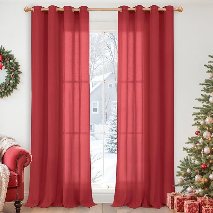 YoungsTex Red Linen Curtains 90 Inches Length for Living Room, Light Filtering Drapes Privacy with Grommet for Christmas Bedroom Dining Room, 2 Panels, 52 X 90 Inch
