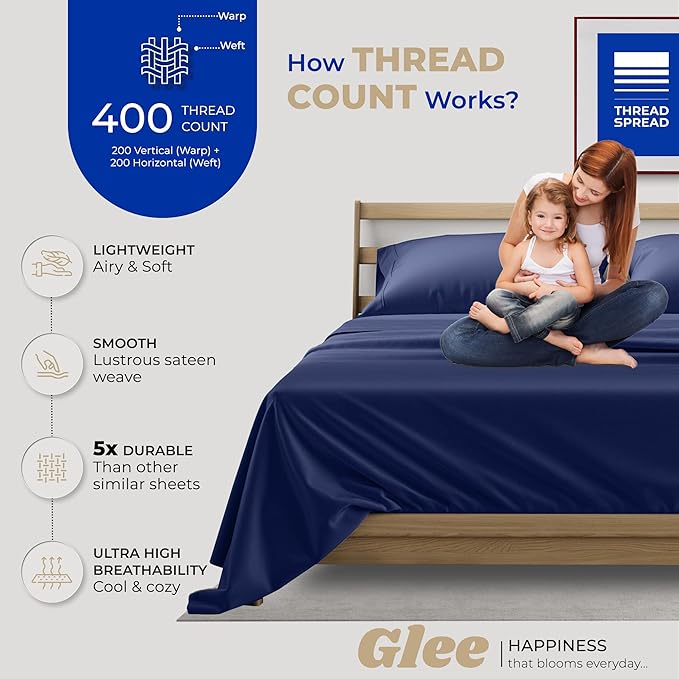 THREAD SPREAD Cotton Full Size Sheet Sets - 100% Egyptian 400 Thread Count 4 Piece 100% Cotton Bed Sheets, 16” Deep Pocket Ful Sheets Cotton, Soft, Cooling Full Sheet, Luxury Hotel Sheets (Navy Blue)