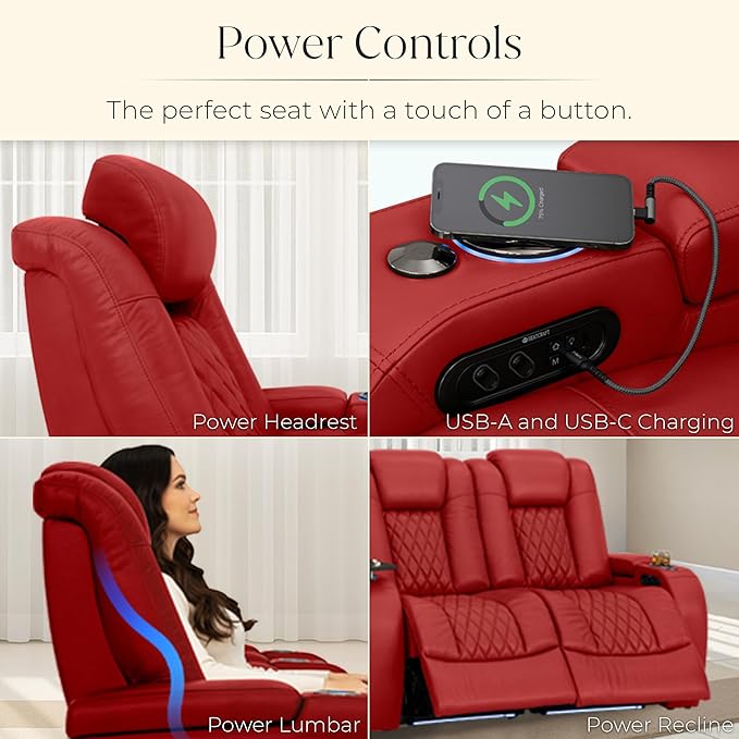 Seatcraft Diamante Zero-Gravity CoolZero Italian Leather Home Theater Seating, Power Headrest, Power Recline, Row of 3 Sofa, Red