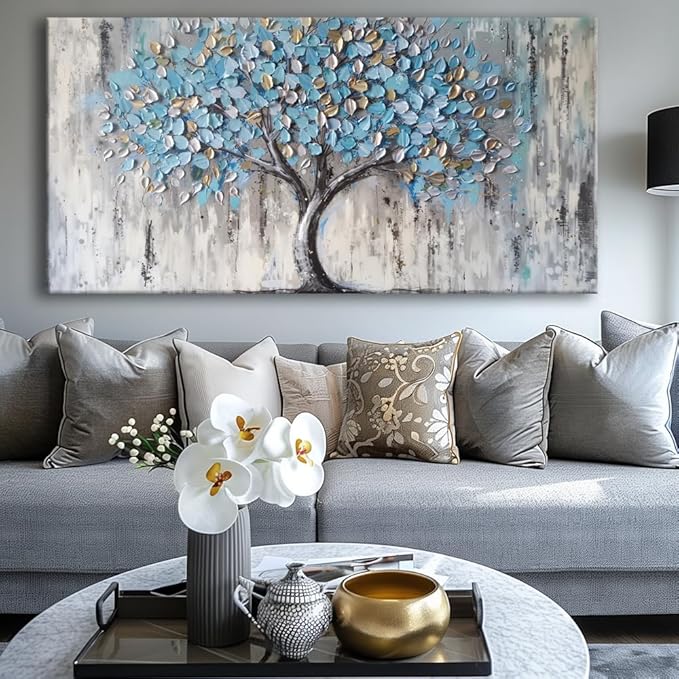 Blue Tree Canvas Wall Art - Modern Botanical Paintings for Living Room, Bedroom Wall Decor, Framed Wall Art for Home or Office Decoration, Large Wall Art 75x150cm(30x60in)