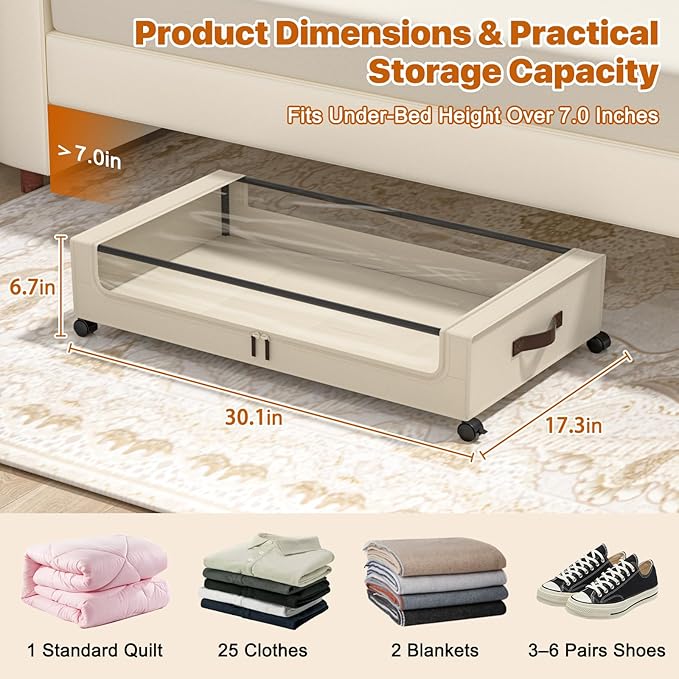 Under Bed Storage with Wheels, 4 Pack Under Bed Storage Containers with Clear Lids, XXL 60L Under-Bed Organizers for Clothes, Shoes – Durable Storage Bins with Smooth Rolling Wheels (White, 4 Pack)
