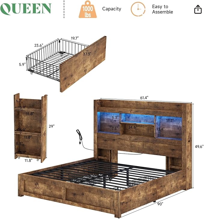 AMERLIFE Queen Bed Frame with 4 Storage Drawers, Wood Bed Frame with 49.6" Tall Bookcase Headboard, LED Platform Bed with Charging Station & 2 Slide Bedside Shelf, No Box Spring Needed/Rustic Brown