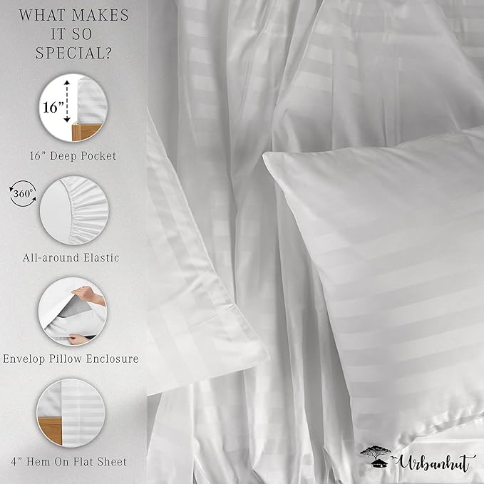 URBANHUT 800 Thread Count 100% Cotton Damask Queen Size Sheets, 4 Piece Striped Queen Size Bedsheets, Luxury Hotel Sheets Sateen Weave - Better Than Egyptian, 16" Elasticized Deep Pocket- White