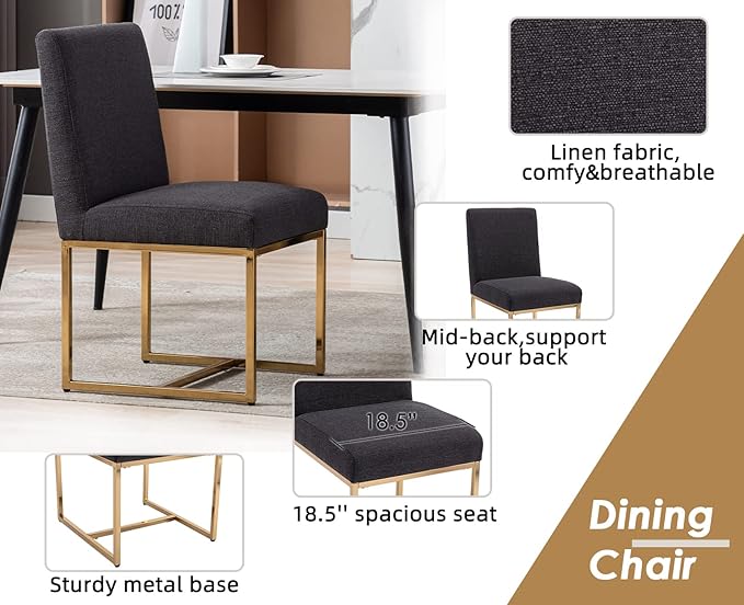 CIMOTA Black Modern Dining Chairs Set of 8, Upholstered Dining Room Chairs Armless Guest Side Chair with Gold Base for Dining Room/Kitchen, Charcoal Black, 8PCS