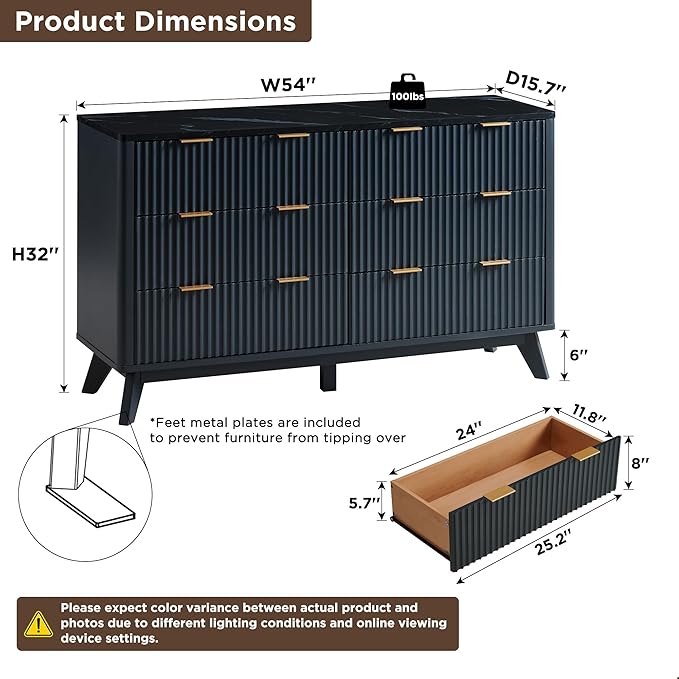 T4TREAM Fluted 6 Drawers Dresser, 54" Wide Modern Chest of Drawers with Faux Marble Top, Curved Profile Design, Dresser TV Stand, Wood Drawer Organizer for Bedroom, Living Room, Hallway, Dark Grey