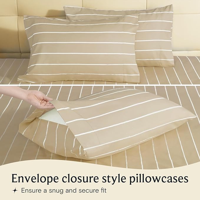 LuxClub 4 PC King Sheet Set, Deep Pockets Wrinkle Free Cooling Bed Sheets Hotel Bedding for Women, Men, Includes 1 Fitted Sheet, 1 Flat Sheet and 2 Pillowcases-Striped - Cream