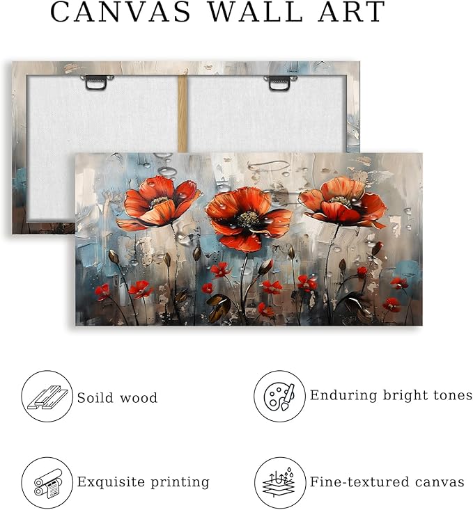 SERIMINO Large Wall Art for Living Room, Nature Floral Botanical Canvas Prints, Red Flowers Pictures Wall Decor, Wildflower Modern Home Decor Bathroom Dining Room Kitchen Paintings 20"X40"