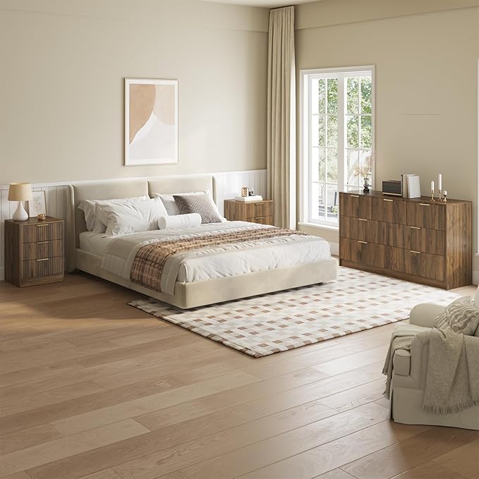 7 Drawer Dresser & Nightstand Set, 3-Piece Fluted Bedroom Dresser and Night Stand Set of 2 with Metal Handle, Modern Wood Chest of Drawers Storage Dressers Set for Bedroom, Walnut