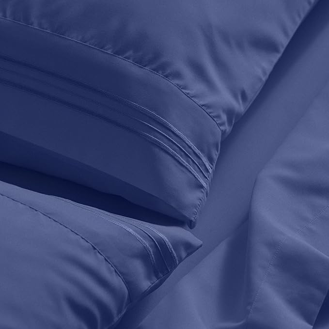 Mellanni King Sheet Set - 6-Piece Iconic Collection Bedding, (Including 4 Pillowcases), 21-Inch Extra Deep Pocket, Easy Care, Ultra Soft, Cooling Sheets, Brushed Microfiber - Blue Nova