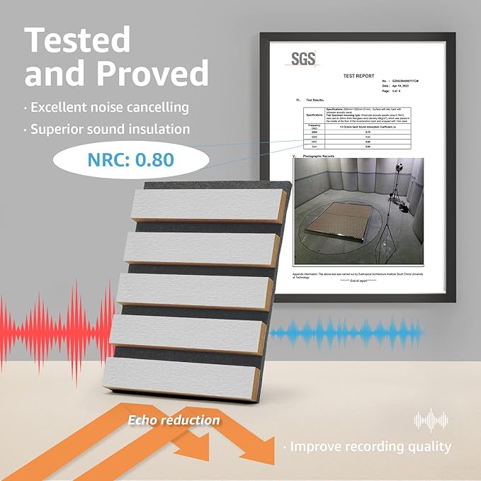Art3d 2 Wood Slat Acoustic Panels for Wall and Ceiling - 3D Fluted Sound Absorbing Panel with Wood Finish - Silver