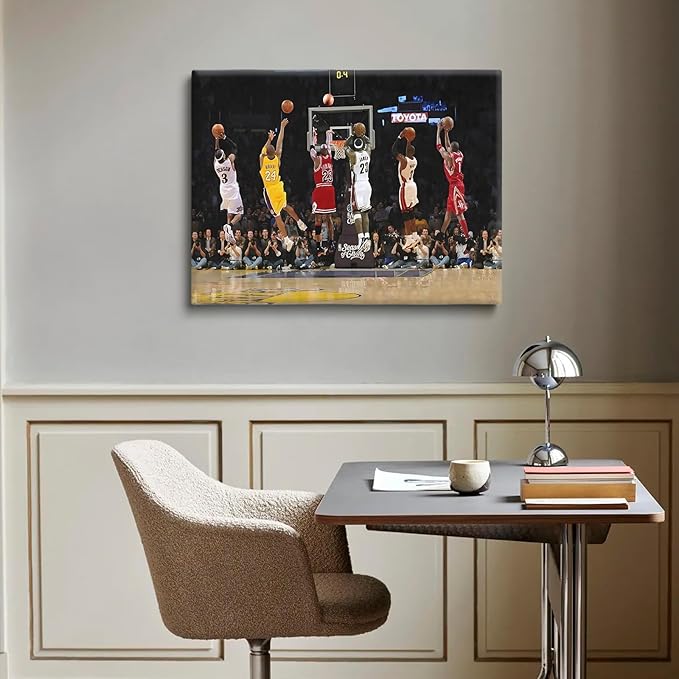 Basketball Legends Canvas Wall Art Print Poster, Iconic Sports Stars Shooting Inspirational Picture, Motivational Photography Wall Decor for Gym Dorm Home Office Living Room Bedroom, Framed 8x10inch