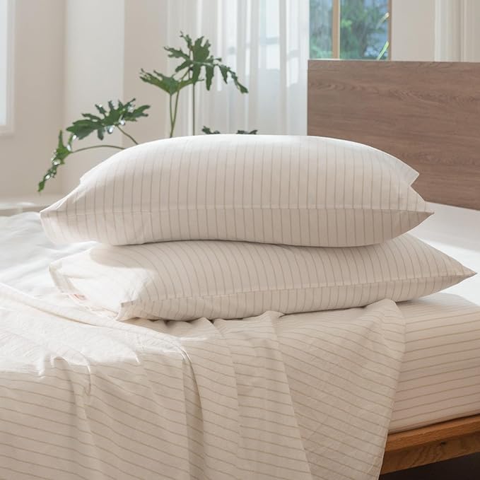 MooMee Striped Duvet Cover Set 100% Washed Cotton Linen Like Textured Breathable Durable Soft Comfy (White Almond Milk Grey Wide Stripes, Palatial King/Oversized King 120"x98")