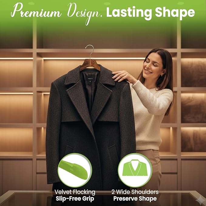 Premium Luxe Wooden Hangers for Women, Wide Shoulder Design for Dresses, Skirts, Sweaters & Blouses, Heavy Duty with Velvet Grip, Mahogany with Black Velvet, 12 pcs