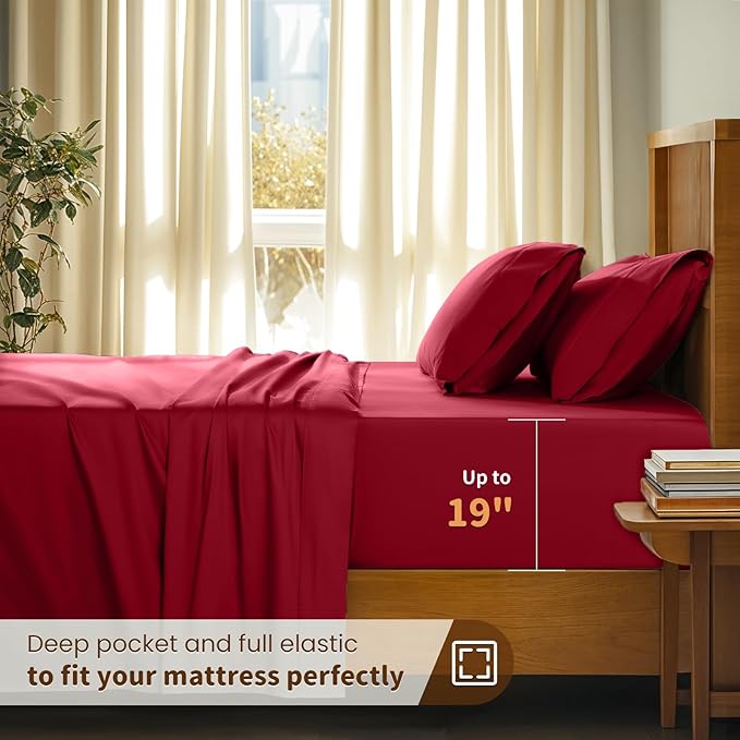 LBRO2M 100% Cotton Sheets Set Deep Pocket 19", 1000 Thread Count Full Size 4 Piece Bed Sheet Sets Soft Comfortable Bedding All Season (Full, Burgundy)