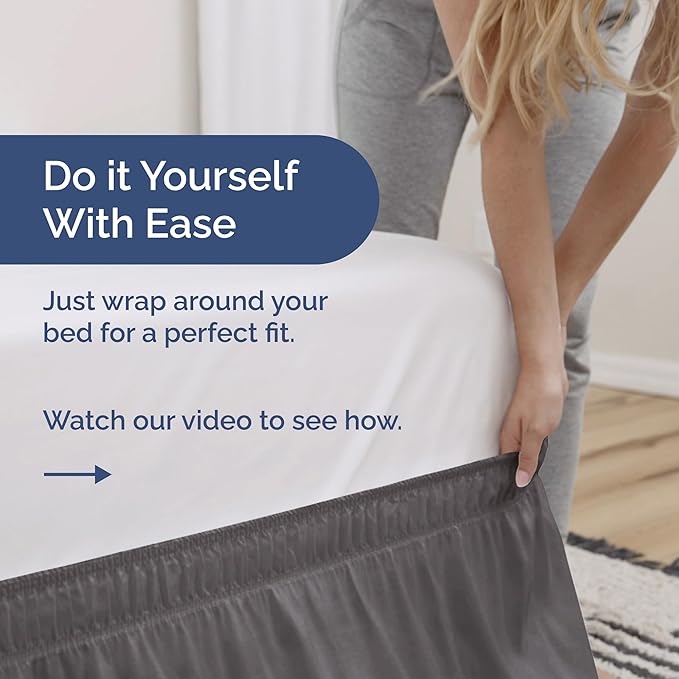 Wrap Around Dust Ruffle Bed Skirt - Dark Grey - for Full Size Beds with 21 Inch Drop - Elastic Strap - Adjustable Pleated Bedskirt with Brushed Fabric and Wrinkle Free - for Women, Men, Kids & Teens