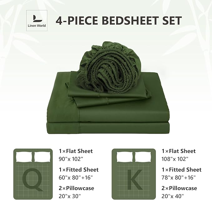 400TC Queen Sheets, Rayon Derived from Bamboo, Cooling Bed Sheets Set,Deep Pocket Up to 16", 4 Pieces Silky Soft, Breathable Bedding Sheets & Pillowcases,Juniper Green