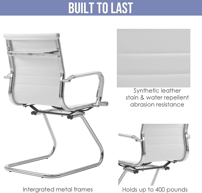 Wahson Office Guest Chairs Set of 2, Leather Reception Chairs, Mid Back Waiting Room Chair, Conference Chairs with Sled Base, Desk Chair No Wheels for Meeting/Lobby/Restroom, White
