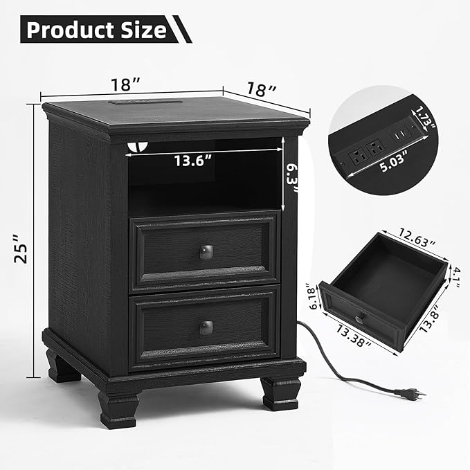 SAVOR LIFE Farmhouse Nightstand Set of 2 with Charging Station, Rustic Black Nightstand,2 Drawers End Table for Living Room,Bedside Table with Open Shelf for Bed Room,Black