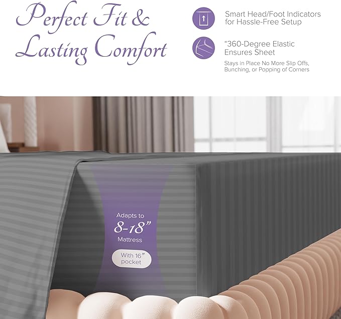 Carressa Linen Luxury Egyptian Cotton Full Stripe Sheet Set, 600 Thread Count Extra Long Staple 4 PC Set, Full Damask Sheets, Soft, Cooling Sateen Weave Striped Sheets Upto 18" Deep Pocket - Dark Grey