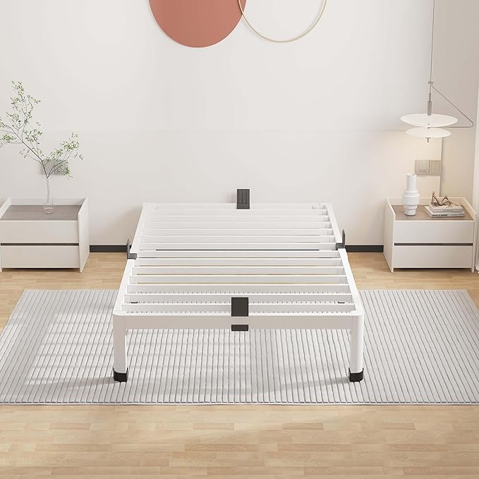 ROIL 7 Inch White Twin Bed Frame with Rounded Corner and Mattress Retainers, 3500LBS Heavy Duty Steel Slats No Box Spring Needed Platform Noise-Free Easy Assembly