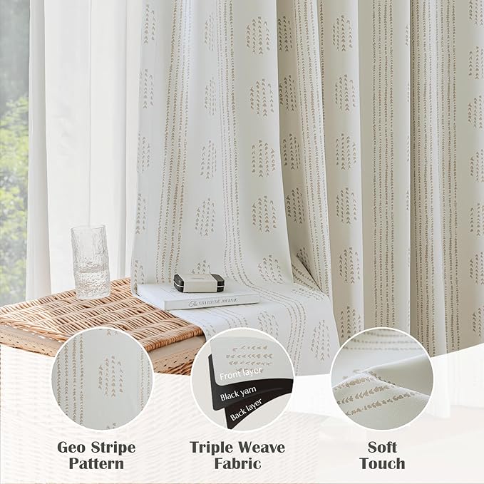 100% Boho Blackout Curtains 72 Inches Long for Bedroom, Taupe on Beige Patterned Bohemian Curtains for Living Room, Geometric Striped Thermal Insulated Window Drapes Gromment Top 2 Panels