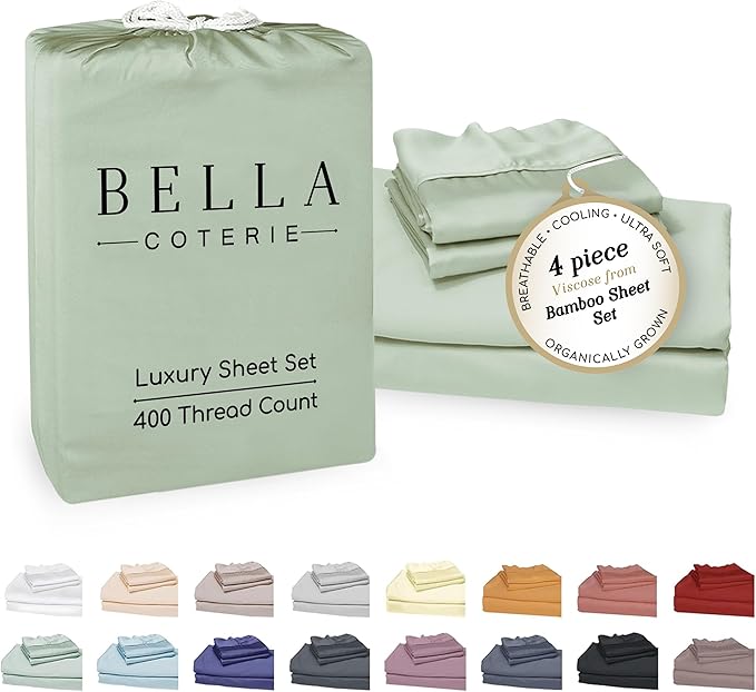 Bella Coterie Luxury Bamboo Viscose Cal King Size Sheet Set | 100% Organically Grown | Ultra Soft | Cooling for Hot Sleepers | 18" Deep Pocket [Sea Glass]