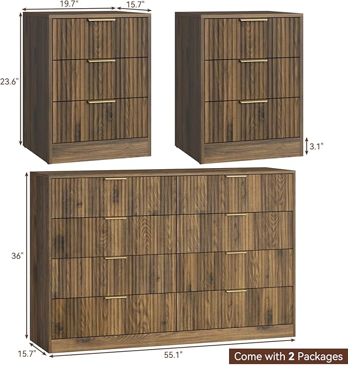 Walnut Dresser & Nightstand Set 3-Piece, 6 Drawer Dresser and Night Stand Set of 2 with Metal Handle, Modern Wood Chest of Drawers Storage Dressers Set for Bedroom, Walnut