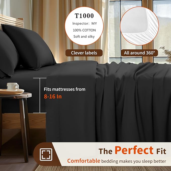 LBRO2M Split King Sheet Sets for Adjustable Bed 1000 Thread Count 100% Egyptian Cotton Sheet, 5 Piece Sets Bed Sheet Deep Pocket Up to 16" Soft Comfortable All Season (Split King, Black)