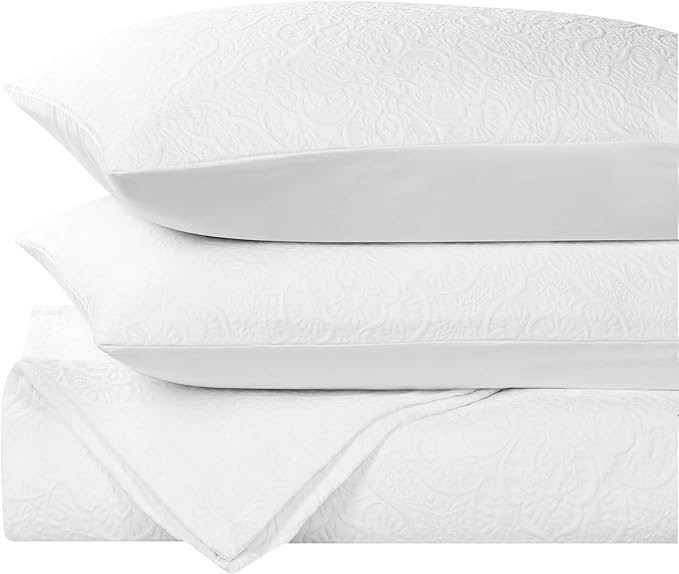 Superior 3 Piece Bedspread Set, Home Bed Decor, Decorative Bed Spread, 2 Pillow Shams, Medium Weight Blanket, Floral Matelasse Coverlet, Bedding Essentials, Enzy Collection, Queen, White