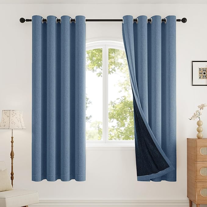 100% Blackout Curtains for Bedroom, Thermal Insulated Curtains 63 Inch Length Curtain 2 Panels, Soft Farmhouse Linen-Look Textured Full Light Blocking Room Darkening Drapes, W52xL63, Blue