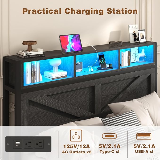 Farmhouse King Bed Frame with Bookcase Storage Headboard, Charging Station, LED Light and 2 Storage Drawers, Noise Free, No Box Spring Needed, Black