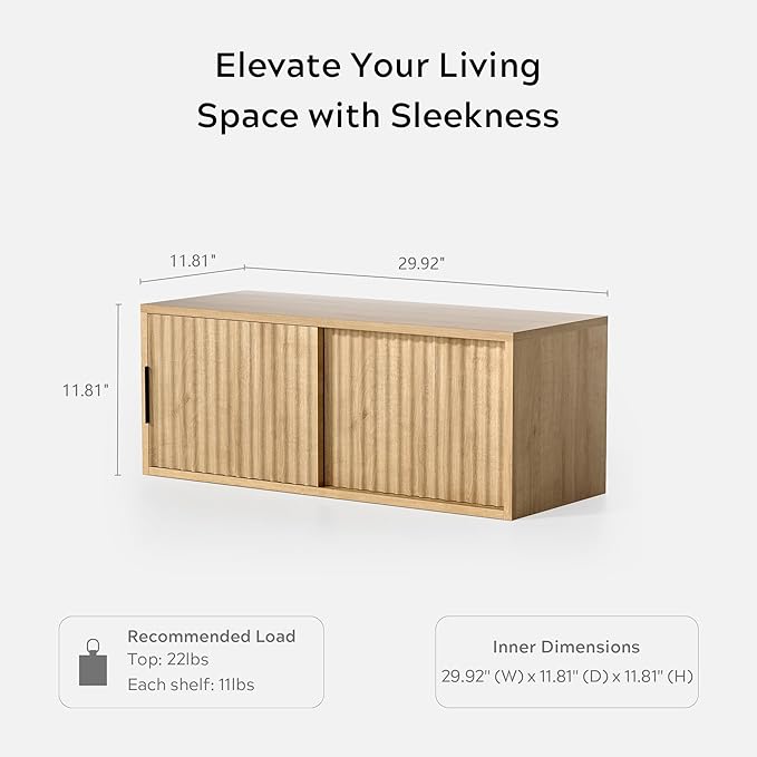 Fluted Wall Cabinet with Sliding Doors, Modern Large Floating Nightstand Storage Shelf Bedside Tables for Bedroom, Study Room Natural Oak