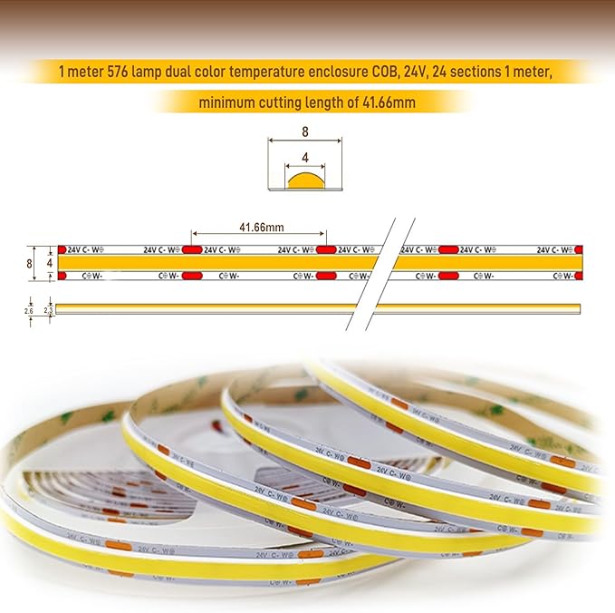 COB LED Strip Light,CCT Dimmable Strips Light,2700K-6500K,24ft/7.5m,8mm Wide,CRI90+ 24V LED Strips Kit with Bluetooth APP Control/Music Mode,for Bedroom,Kitchen,DIY Lighting