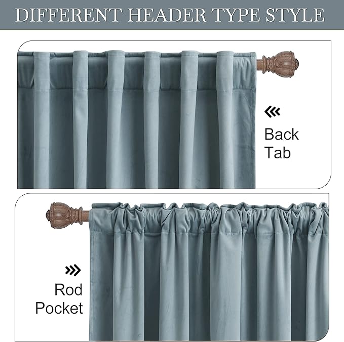RYB HOME Stone Blue Velvet Curtains 100 inches, Back Tab Soft Fabric Room Darkening Thermal Insulated Luxurious Home Decor Curtains for Living Room Bedroom, W 52" x L 100", 2 Panels Set