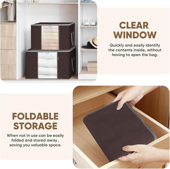BALEINE 6 Pack Clothes Storage Bags, 16 Gallon Storage Containers with Reinforced Handle, Sturdy Zipper, Closet Organizer for Blanket, Comforter, Pillow, Bedding (Brown, 6 Pack)