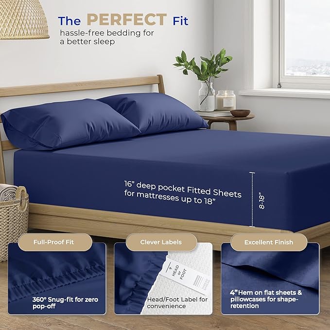 THREAD SPREAD Cotton Full Size Sheet Sets - 100% Egyptian 400 Thread Count 4 Piece 100% Cotton Bed Sheets, 16” Deep Pocket Ful Sheets Cotton, Soft, Cooling Full Sheet, Luxury Hotel Sheets (Navy Blue)