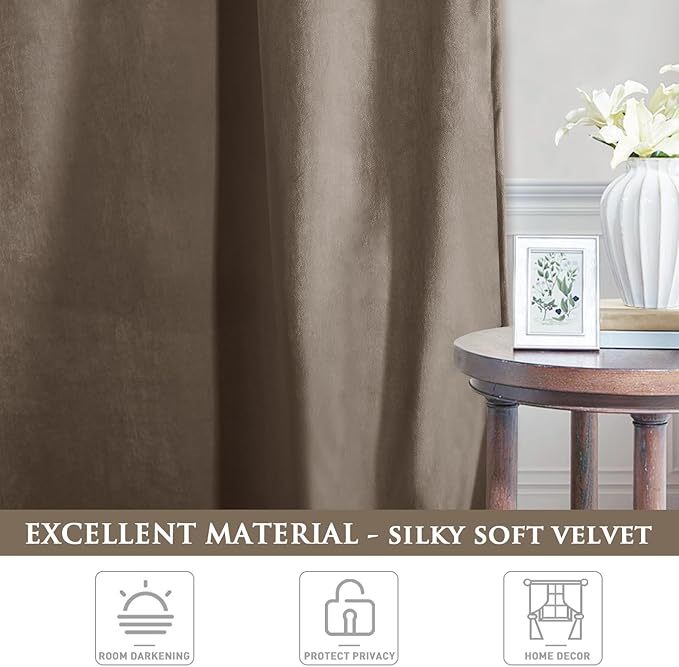 StangH Taupe Velvet Curtains Premium Thermal Insulated Drapes for Bedroom, Heavy Soft Energy Efficient Curtains for Dining Room, Modern Decor, W52 x L100, 2 Panels