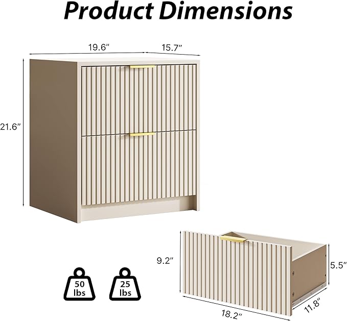 3-Piece Dresser Bedroom Set, 5 Drawer Dresser & 2 Drawer Nightstands with Gold Handles, Fluted Wood Chest of Drawers for Bedroom, Living Room, Entryway, Beige