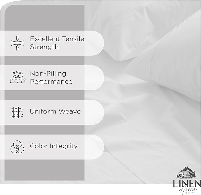 Linen Home 100% Cotton Percale Sheet Set, Full Size, Snow White, Deep Pocket, 6 Pieces Set - 1 Flat, 1 Deep Pocket Fitted Sheet and 4 Pillowcases, Crisp Cool and Strong Bed Linen