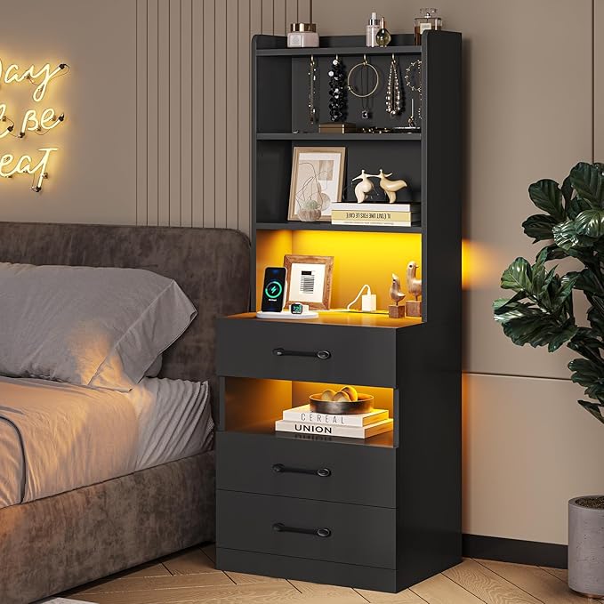 VIAGDO Tall Nightstand with Charging Station and LED Lights, Large Black Night Stand with Bookshelf, Modern LED Bedside Table with 3 Drawers and Storage Shelves, End Side Table for Bedrooms, Dorms