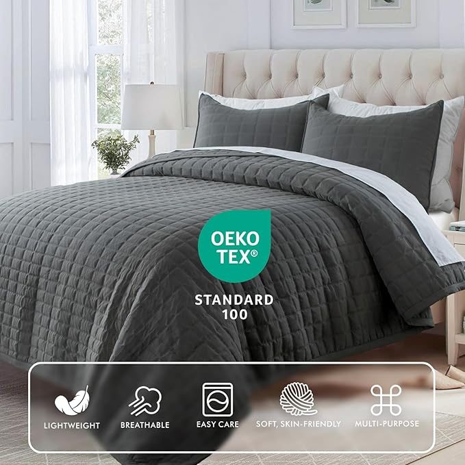 Oversized King Quilt Set 112"x106" – Soft Washed 3-Layer Lightweight California King Bedspread, Minimalist Nordic Design, All-Season Spring & Summer Quilt Set (1 Quilt + 2 Pillow Shams), Dark Grey