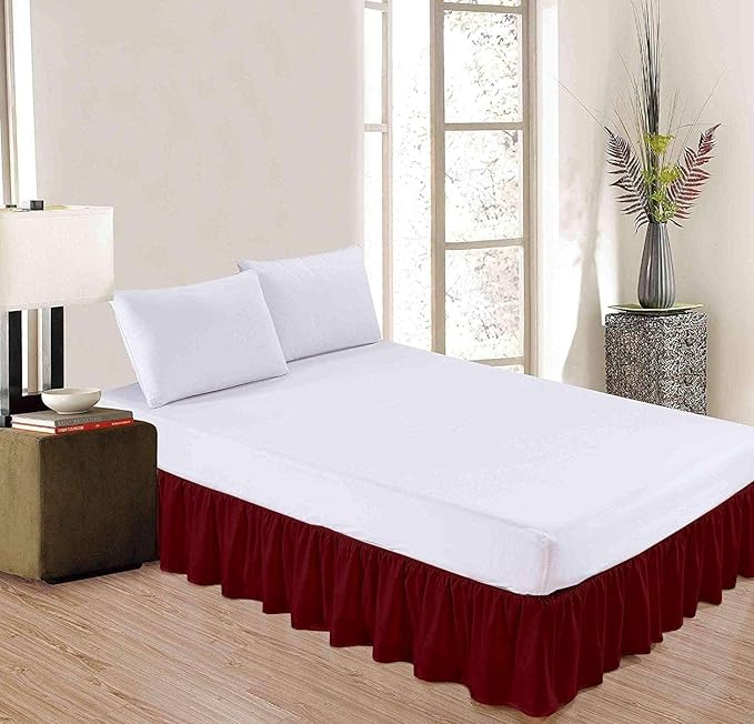Burgundy Solid Ruffled Bed Skirt Queen-XL-15 Inch Drop Split Corner, Microfiber Bedskirt with Platform Three Sided Coverage