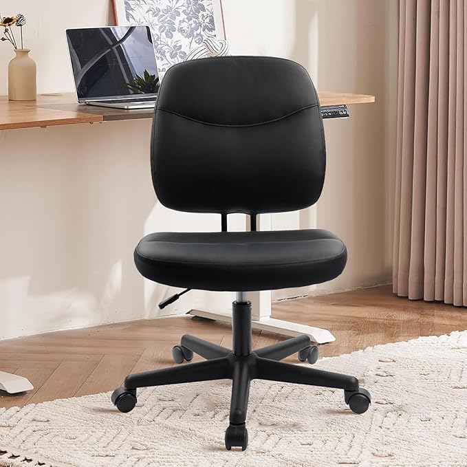 CLATINA Armless Home Office Chair, Small PU Leather Ergonomic Low Back Desk Chair with Lumbar Support and Wheels, Adjustable Height 360° Swivel Rolling Computer Task Chair, Black, 4 Pack