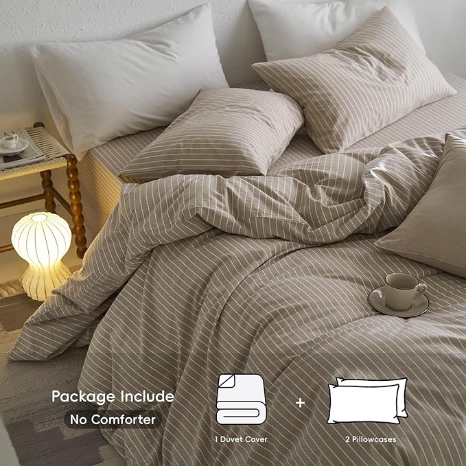 MooMee Striped Duvet Cover Set 100% Washed Cotton Linen Like Textured Breathable Durable Soft Comfy (Tannish Linen Grey White Wide Stripes, Queen 90"x90")