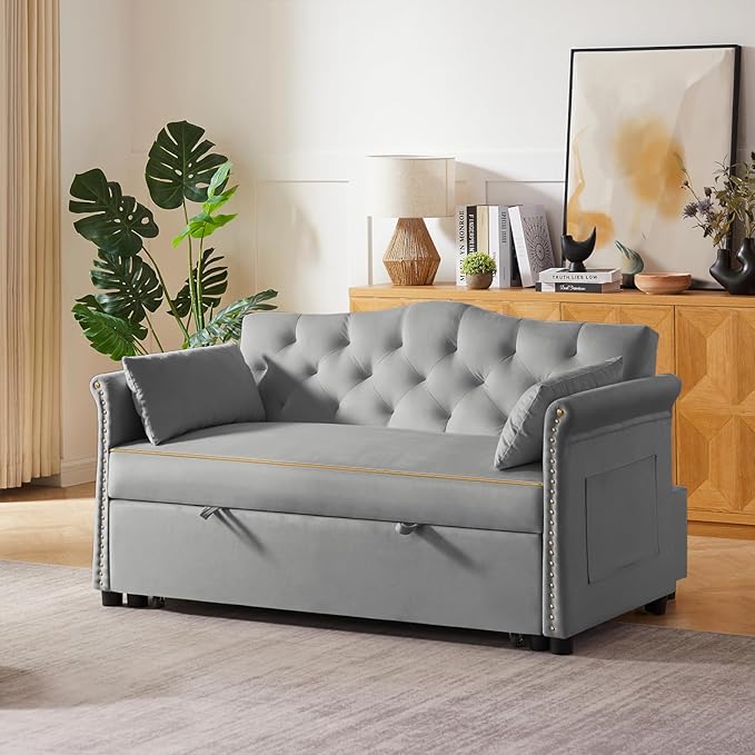 57'' Convertible Sleeper Sofa Bed with Adjustable Backrest, Chaise Lounge, 2 Pillows & Side Storage Pockets – Stylish & Functional Furniture for Living Room or Small Spaces (Grey Sofa Bed)