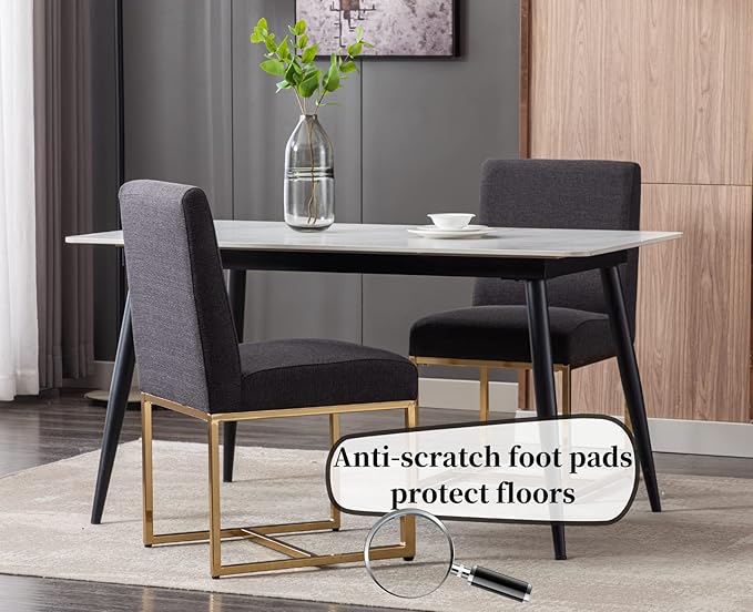 CIMOTA Black Modern Dining Chairs Set of 2, Upholstered Dining Room Chairs Armless Guest Side Chair with Gold Base for Dining Room/Kitchen, Charcoal Black, 2PCS