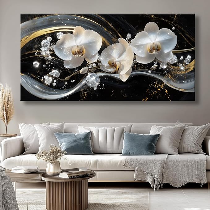 White Orchid Canvas Wall Art - Modern Floral Picture for Living Room, Bedroom Wall Decor, Framed Wall Art for Home Decoration, Elegant Flower Paintings Ready to Hang, Large Wall Art 75x150cm(30x60in)