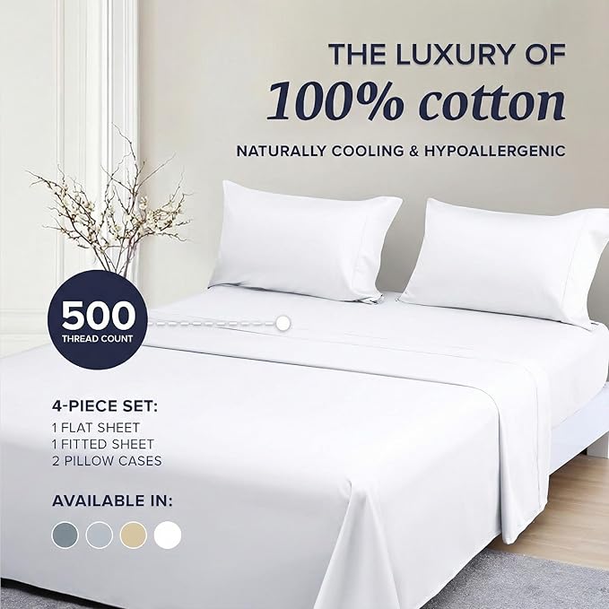 Beckham Hotel Collection King Sheet Set 100% Cotton, 500TC Luxury Sateen Bedding, 16” Deep Pocket, Moisture-Wicking, 4-Piece, White