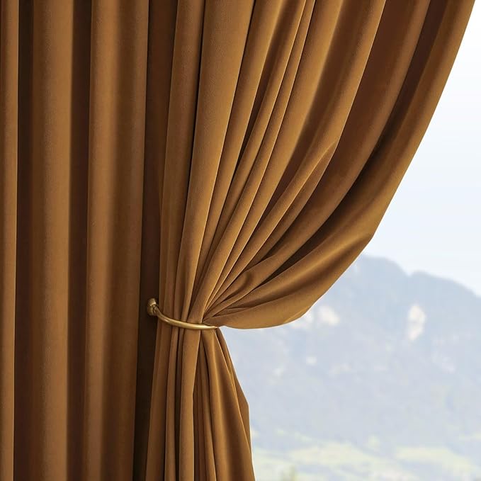 Joydeco Camel Brown Velvet Curtains 84 inch Length 2 Panels, Luxury Blackout Rod Pocket Thermal Insulated Window Curtains, Super Soft Room Darkening Drapes for Living Room Bedroom,W52 x L84 inches